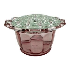 Antique Anchor Hocking Pink Bowl with Clear Glass Flower Frog – Old Colony